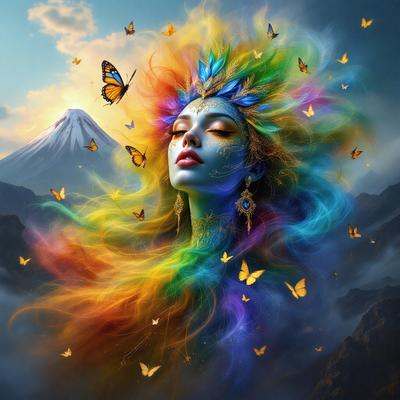 The primary subject of the image is a woman with long, colorful hair. She is surrounded by a variety of butterflies, which are scattered throughout the scene. The setting appears to be a mountainous area, with a mountain visible in the background. The visual style of the image is a digital art or illustration, creating a vibrant and lively atmosphere. The colors and mood of the image are predominantly bright and cheerful, with the woman's hair and the butterflies adding a sense of